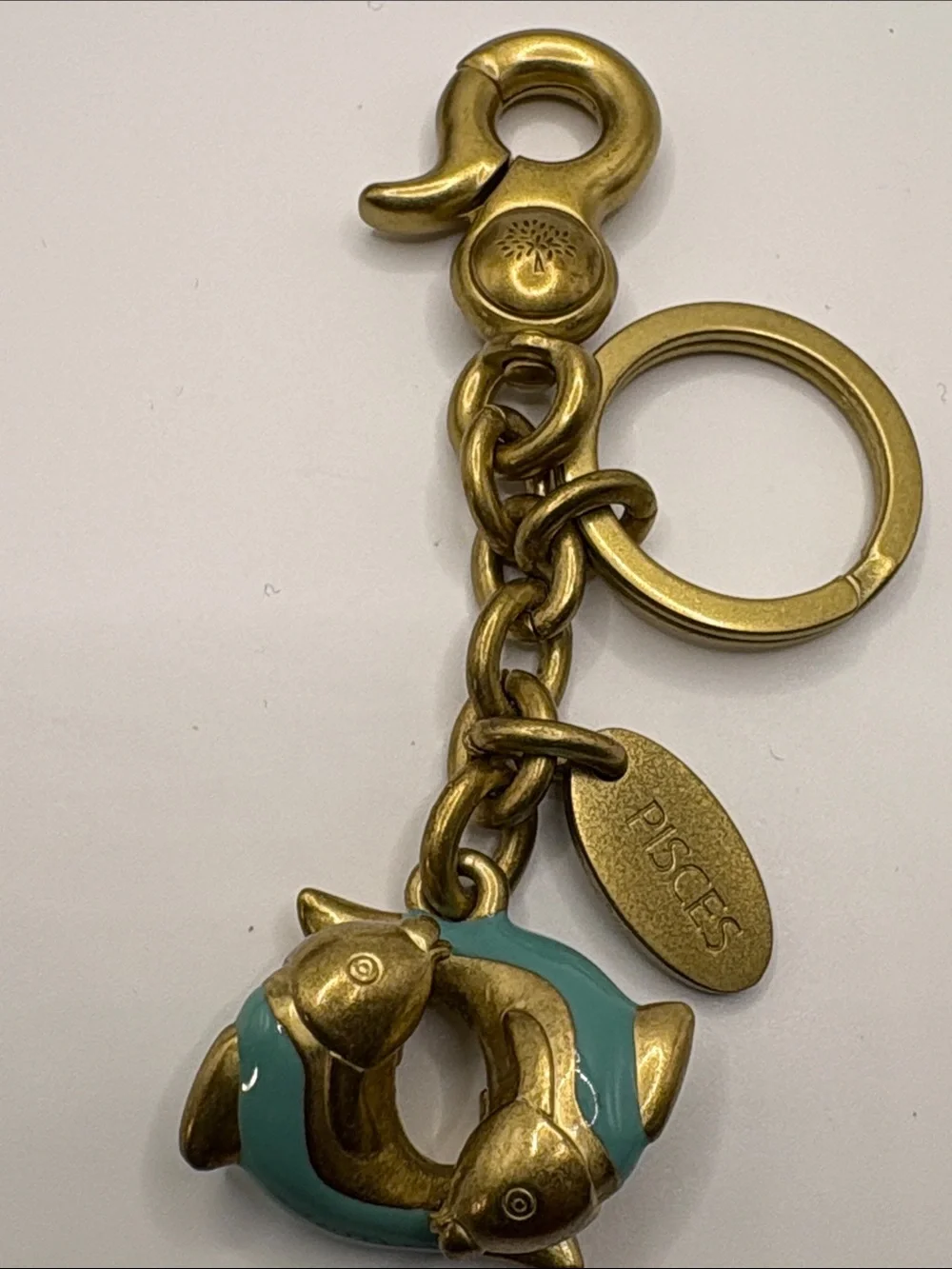 Mulberry Pisces Brass Keychain with Teal Enamel Fish Charm